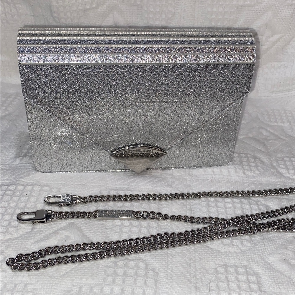 MICHAEL KORS Barbara Md Silver Acrylic Envelope Clutch Bag Crossbody w Chain EUC